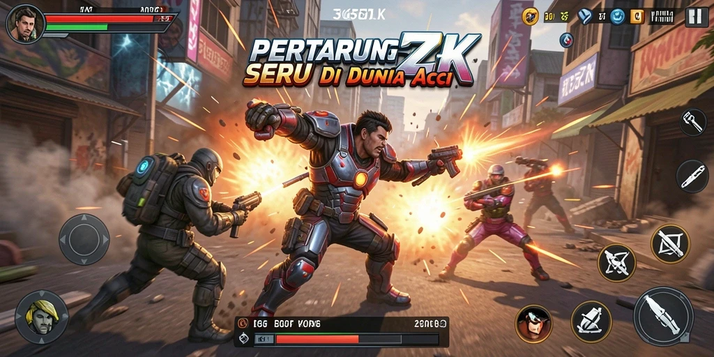 Tampilan screenshot utama gameplay <strong>365ZK</strong>, menunjukkan pertarungan seru dan karakter unik.