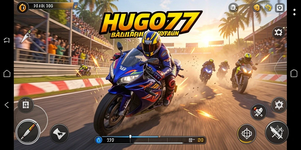 Gameplay HUGO77 dengan balapan motor yang mendebarkan.
