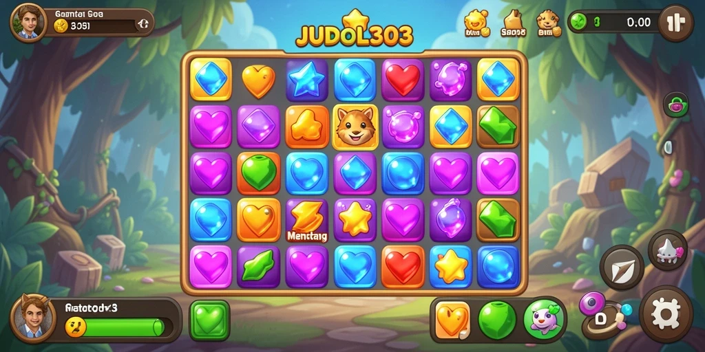Screenshot gameplay JUDOL303 dengan elemen Match-3 yang cerah.