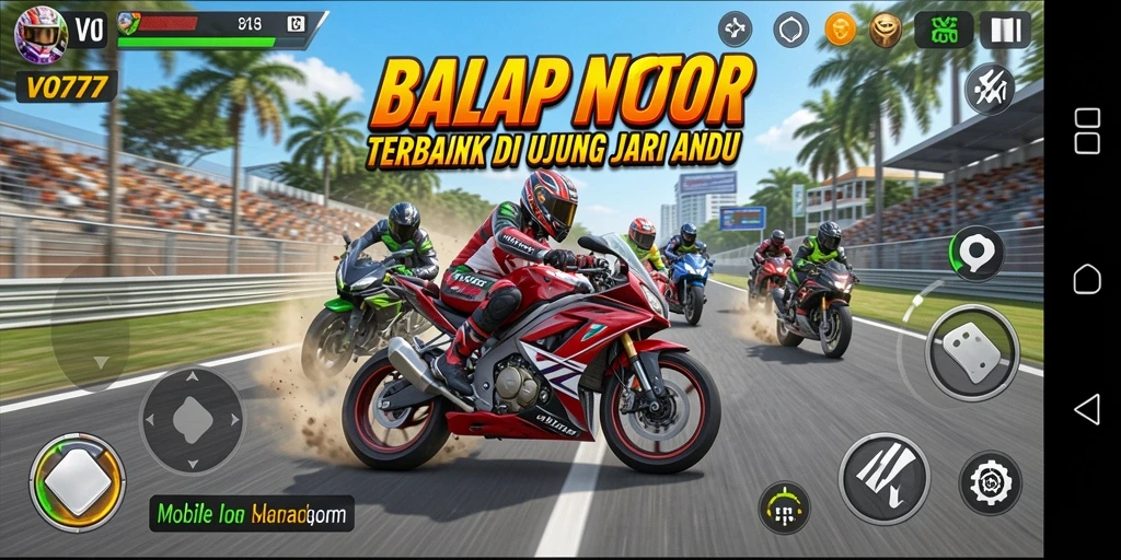 Screenshot menampilkan aksi balapan motor yang mendebarkan.